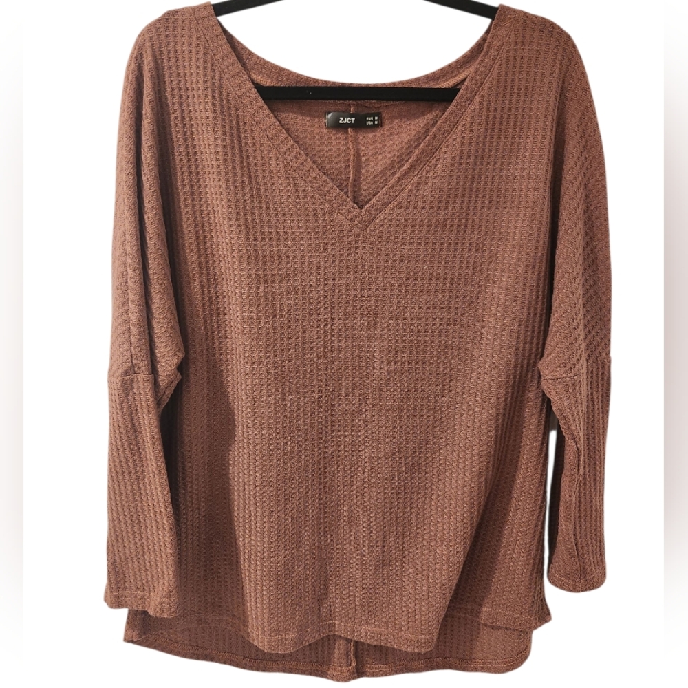 Waffle Knit V Neck Sweater Top Size M